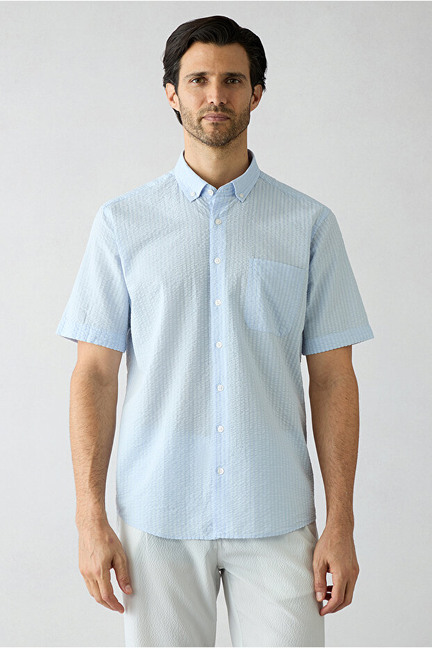 Short Sleeve Regular Fit Seersucker Button-Down Collar 100% Cotton Striped Pocket Shirt