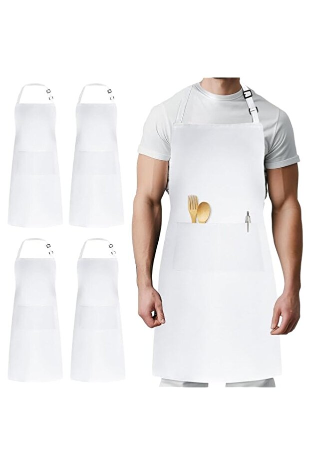 X spring Adjustable Bib Apron, 4 Pack Polyester Waterproof Aprons with Large Straps and Pockets, Lightweight Oil Resistant Drawstring Closure, Unisex for Cooking Baking Gardening and More