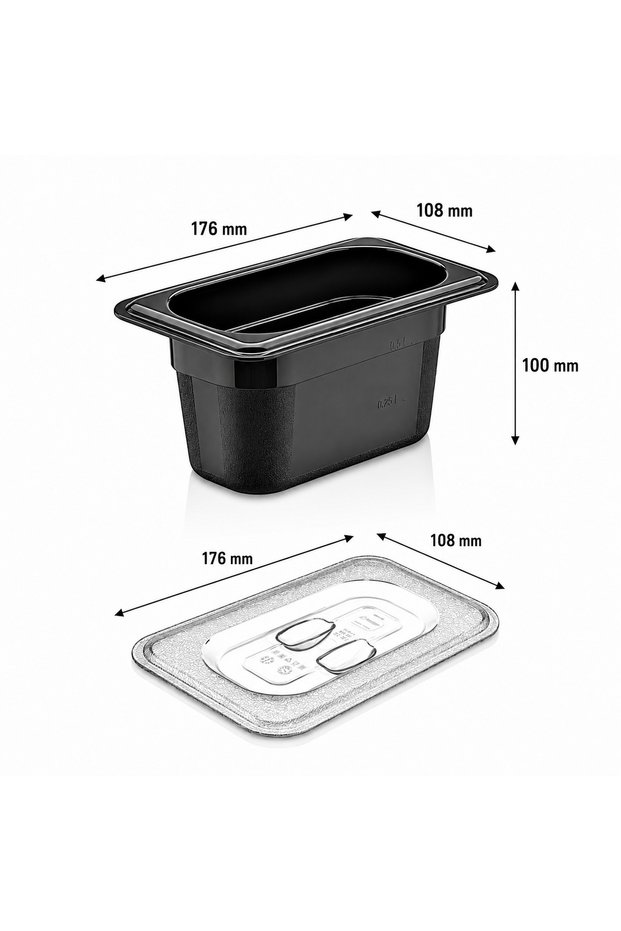 Gastroplast Black Polycarbonate Gastronorm Tub & Compatible Tub Lid Gn 1/9 176X108X100 mm 0.75 L - Unbreakable Food Storage Container
