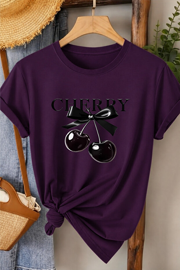 Dark Cherry Printed Cotton Women's T-Shirt