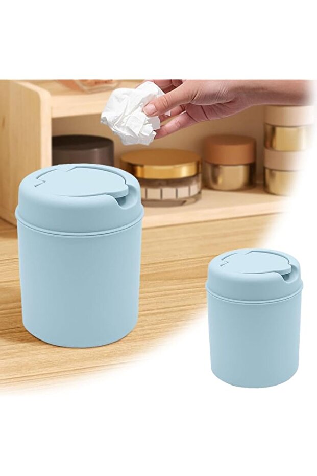 Mini Desk Trash Can with Swing Lid, Small Countertop Garbage Bin for Home Office, Dorm, Kitchen, Portable Waste Basket, Blue, Compact Plastic Design