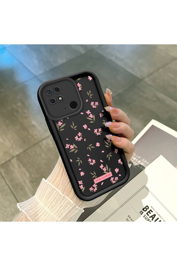 Redmi 10C Compatible Serene Black Back Flower Case, Pink Flower Pattern Silicone