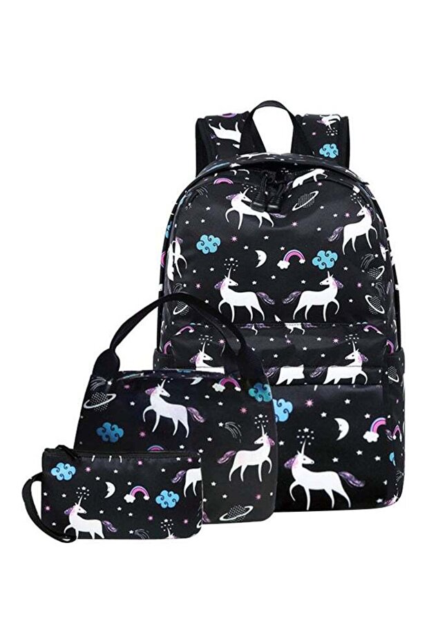 Polyester Unicorns Print Zipper Kids Backpack Set Black