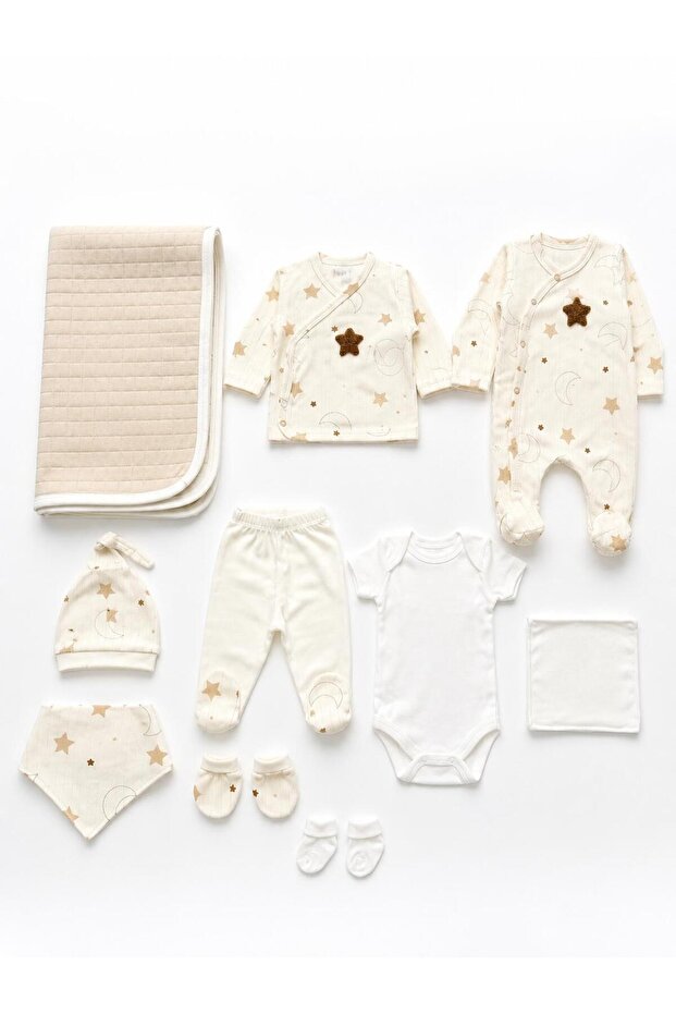 Newborn Hospital Release 10 Piece Star Moon Patterned Cotton Baby Set 0-3 Months