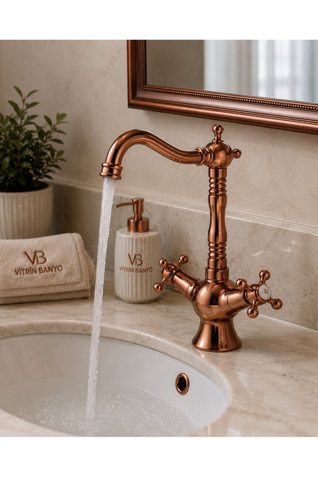 Copper Swan Sink Faucet Classic Cross Handle High Spout Retro Ottoman Model Copper Color Faucet