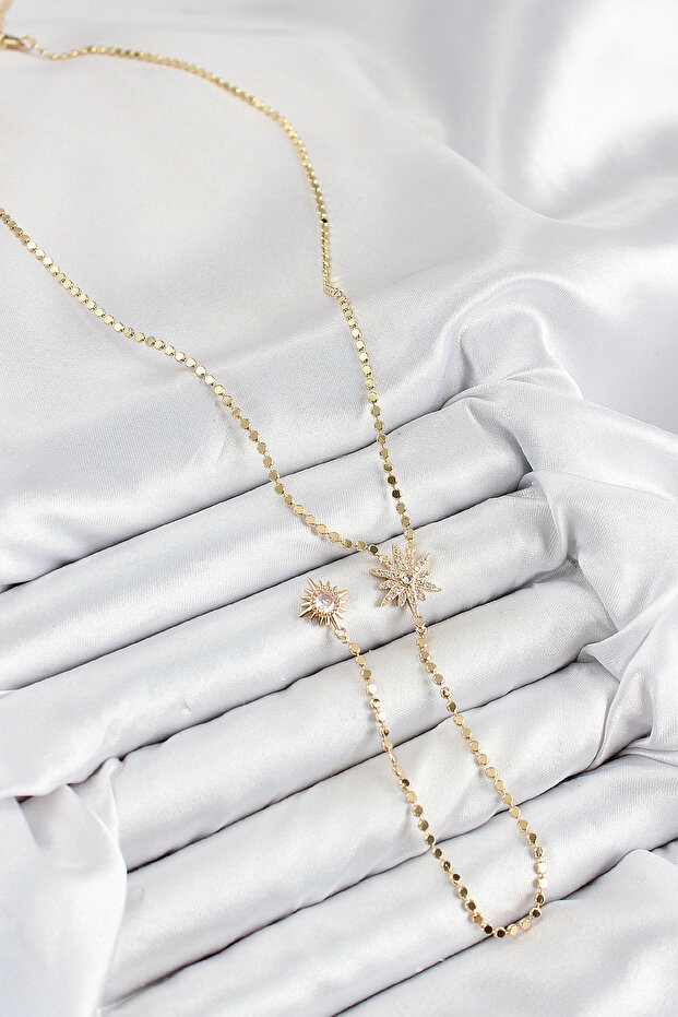 Brass Zircon Stone Crushed Chain Pole Star Model Gold Color Y Necklace