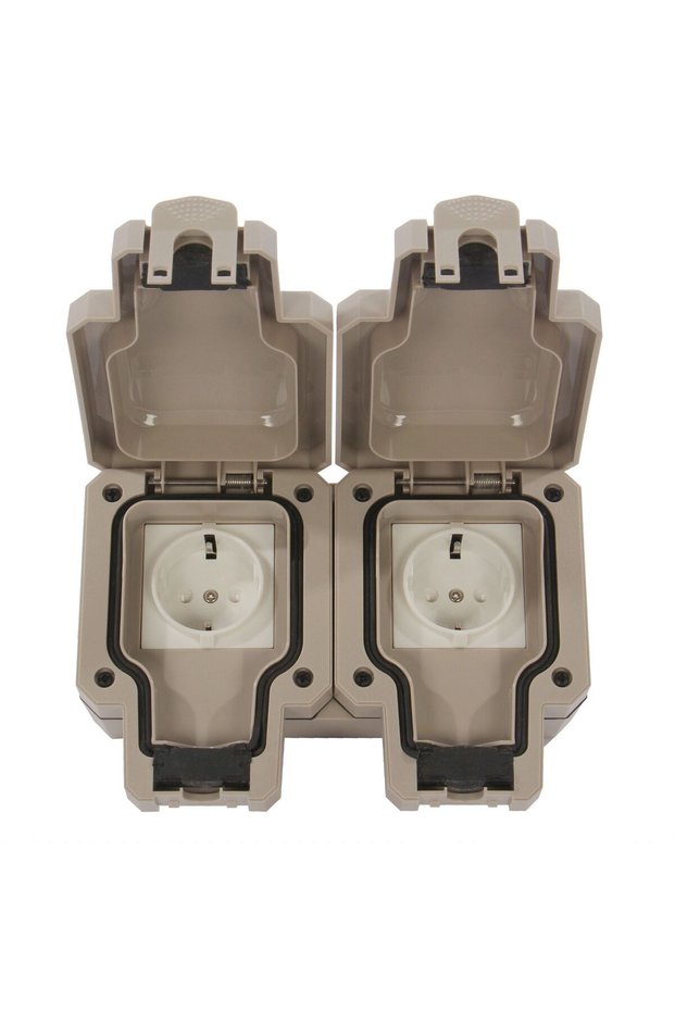 Comtec double socket, surface-mounted, with cover, protective contact, IP66, gray