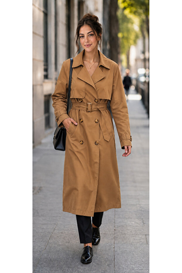Women's Long Trench Coat Buttoned Lined Belted Waterproof Oversize Cut