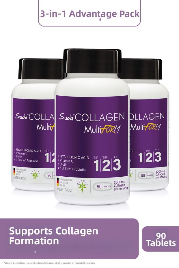 Multiform Collagen Type 1 2 3, Vitamin C, Biotin, Hyaluronic Acid, Hair, Nails, Skin 90 Tablets X 3 Pieces
