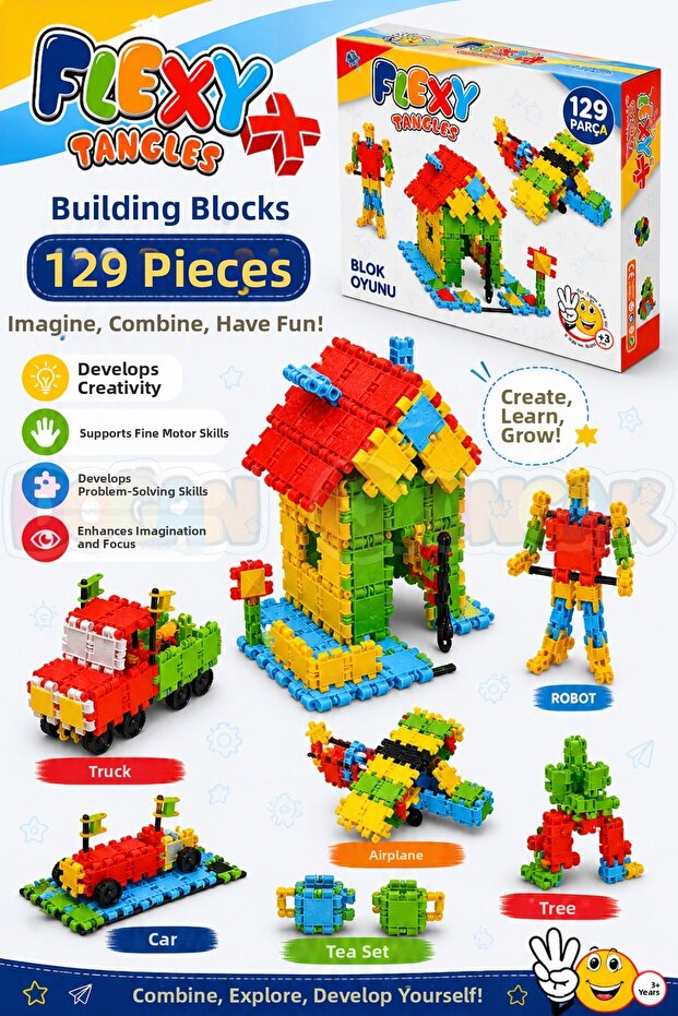 Flexy Tangles Block Game 129 Pieces - Toy Lego Set - Interlocking Stem Lego Set - Educational