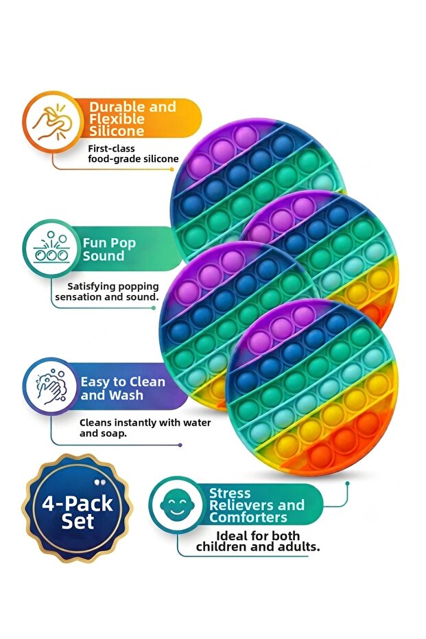 4-Piece Advantage Pack Round Pop It Rainbow Popit Antistress and Intelligence-Enhancing Silicone Toy