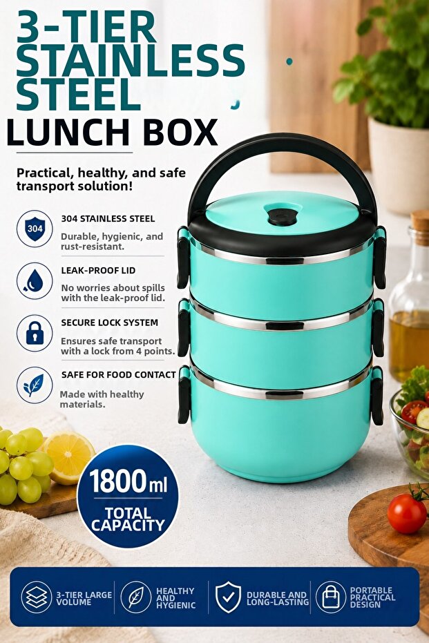 3-Tier Stainless Steel Food Container 1800 ml Leak-Proof Portable Lunch Box with Lid