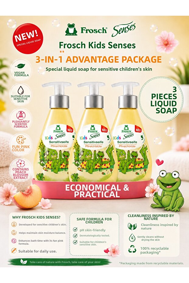 Kids Senses Peach Blossom Sensitive Children's Liquid Soap 300 ml - Peach Blossom Extract Yellow Series X 3 Pcs