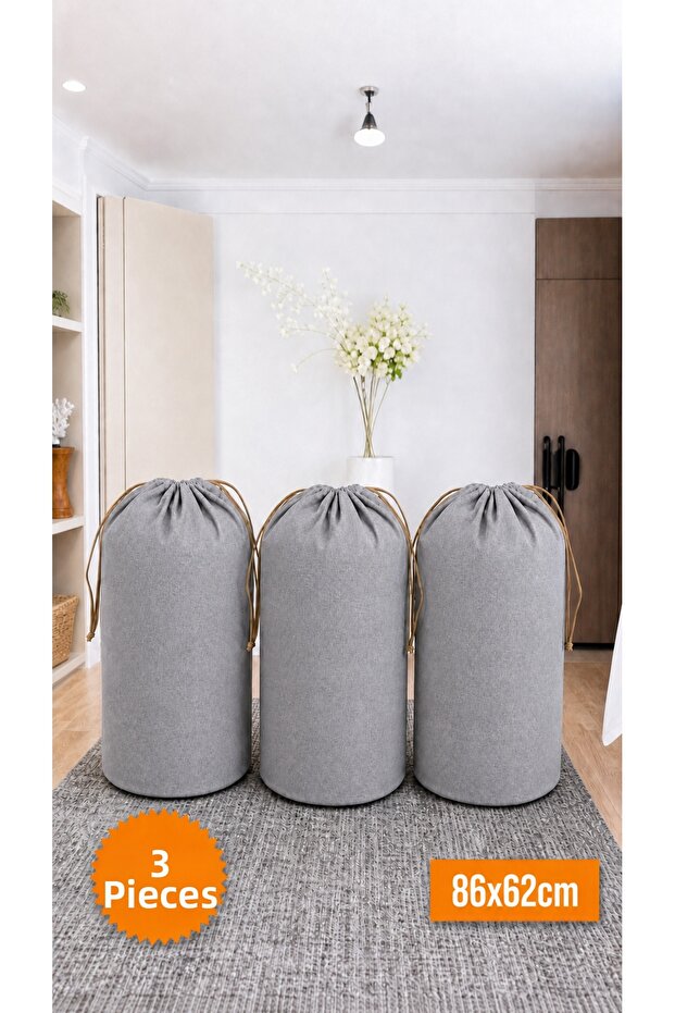 3 Pieces Gray Drawstring Storage Bag Xlarge 86X62 cm - Moving Bag - Quilt Pillow Laundry Storage Bag