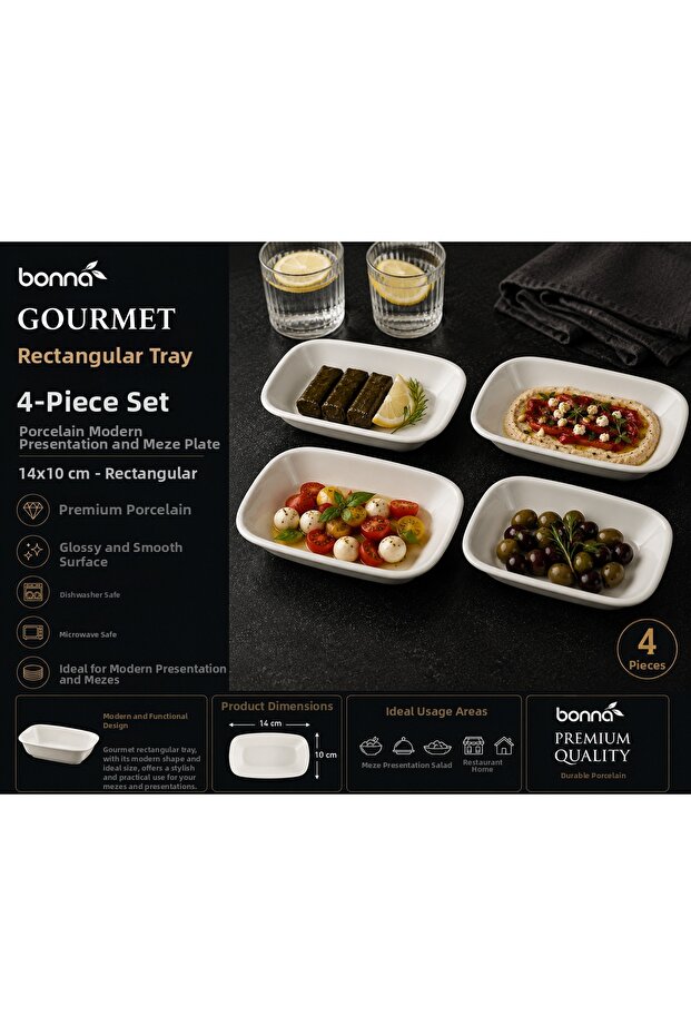Bonna Gourmet Rectangular Kayık Plate Set of 4 - 14X10 cm Premium Porcelain Appetizer and Presentation Plate