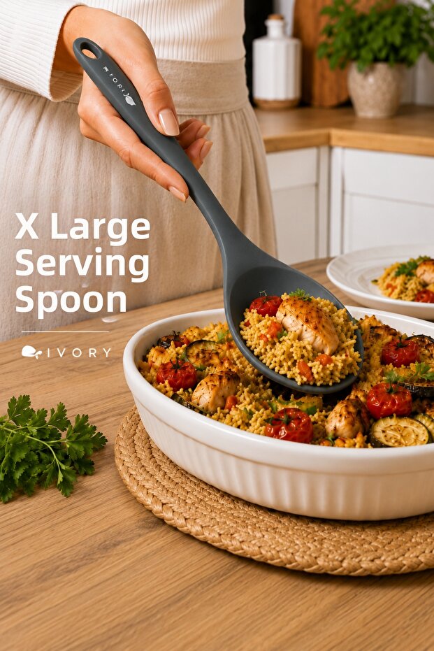 Ivory Serving Spoon Silicone Heat Resistant Non-Stick Surfaces Compatible Ergonomic Handle Kitchen Serving Spoon