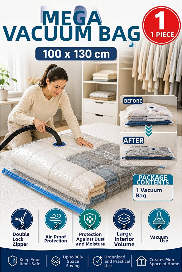 Mega Size Vacuum Storage Bag 100X130 cm 1 Piece Double Lock Vacuum Bag Quilt Blanket Storage Sack