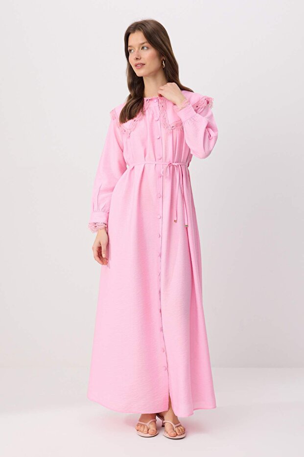 Pembe Dantel Detay İpeksi Kumaş Astarsız Vual Dokuma Elbise&Tulum Tesettür Elbise TCTSS26EB00202 - 1