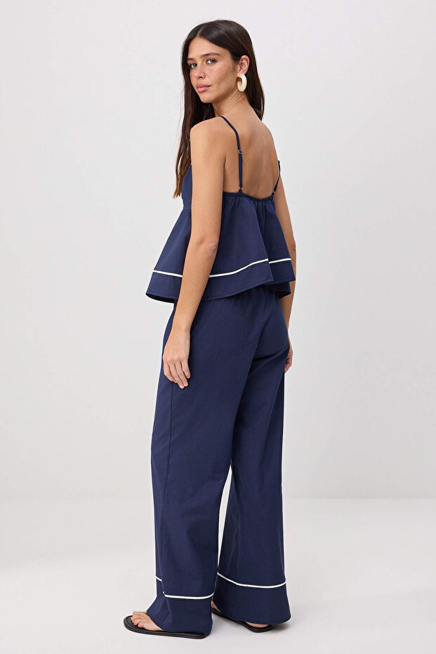 Lacivert Askılı Peplum Bluz Düz Kesim Pantolon Dokuma Alt - Üst Takım TWOSS26AU00138 - 4