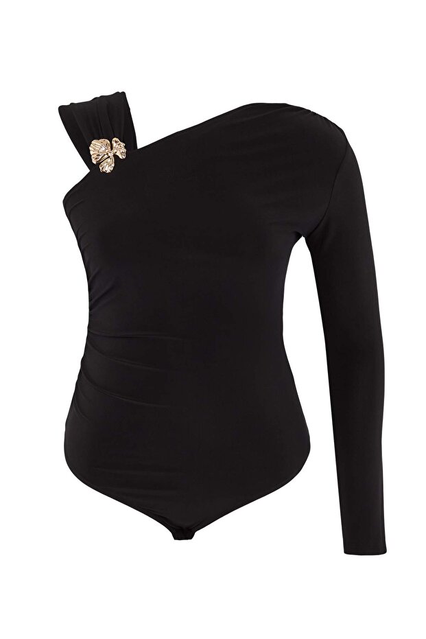 Siyah Sandy Kolsuz Aksesuar Detaylı Büyük Beden Body TBBSS26CS00001 - 5