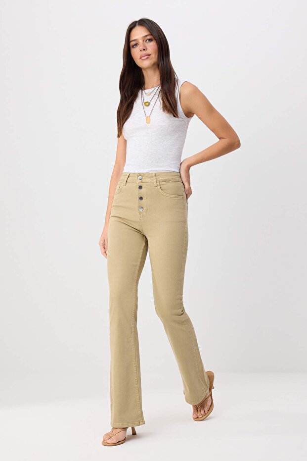 Camel Düğme Detaylı Yüksek Bel Orta Esnek Flare Jeans TWOSS26JE00038