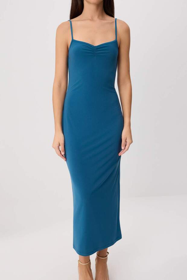 Petrol Düz Bodycon/Vücuda Oturan İnce Askılı Maxi Örme Elbise TWOSS26EL00732 - 3