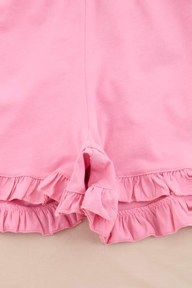 Pembe %100 Pamuklu Fırfırlı Şortlu Örme Pijama Takımı THMSS22AU0304 - 10