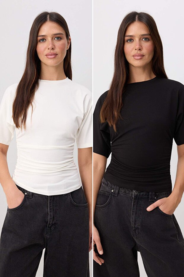 Trendyolmilla  Siyah-Ekru 2'li Fitted/Vücuda Oturan Kısa Kollu Esnek Örme T-Shirt TWOSS26TS00319 - Görsel 2