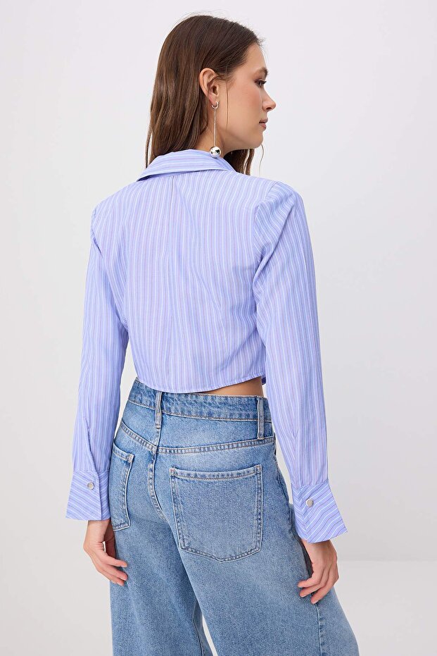 Mavi-Çok Renkli Çizgili Mini Ekoseli Fitted Crop Gömlek TWOSS26GO00150 - 4