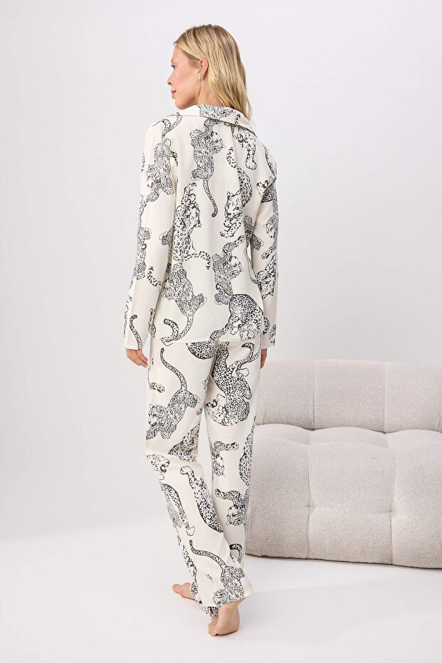 Krem Kaplan Desenli Viskon Dokuma Pijama Takımı THMAW24PT00092 - 4