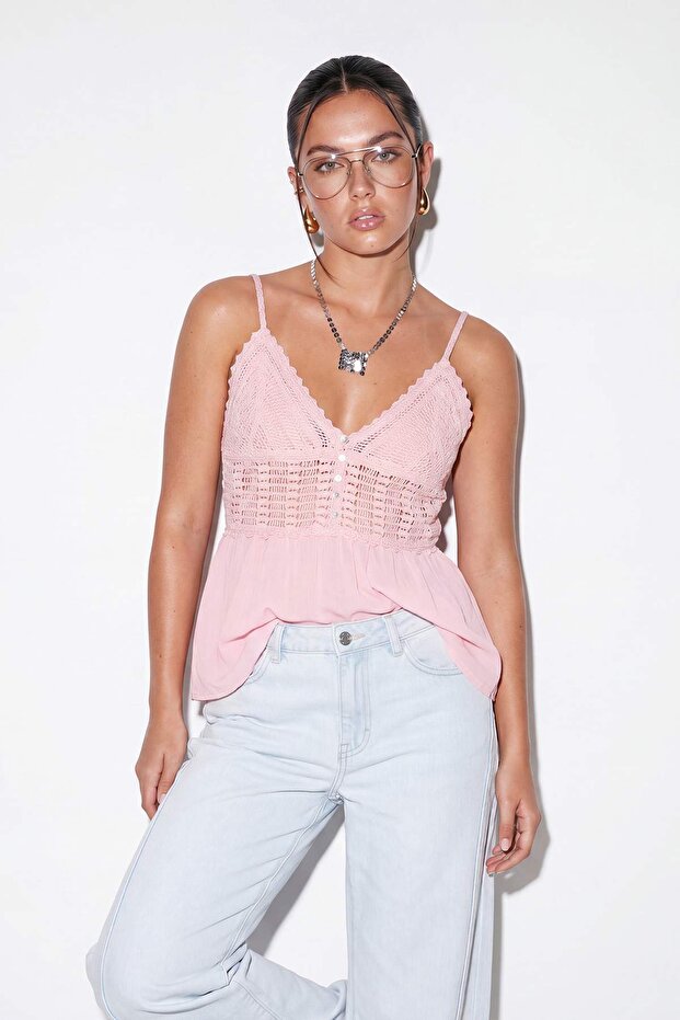 Pembe Önü Dantel Örgü İp Askılı Bluz TDRSS26BZ00049 - 3
