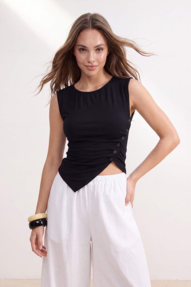 Siyah Fitted/Vücuda Oturan Kayık Yaka Düğmeli Crop Yumuşak Örme Bluz TWOSS26BZ00153 - 1
