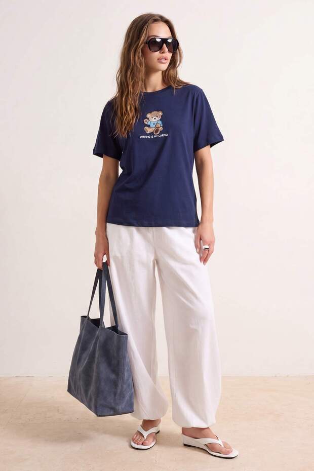 Lacivert %100 Pamuk Regular/Normal Kalıp Ayıcık Nakışlı Örme T-Shirt TWOSS25TS00088 - 2