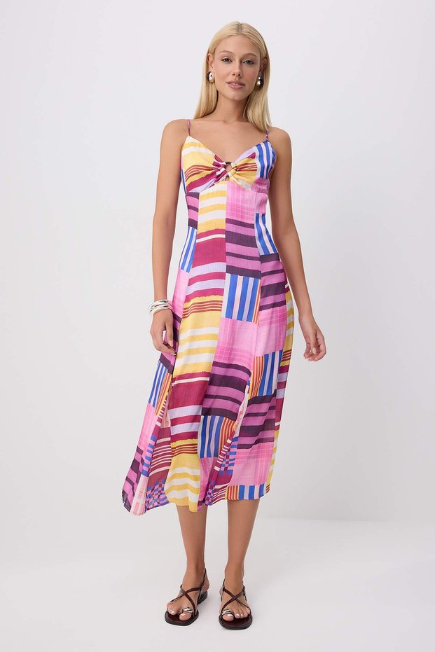 Multi-Colored Geometric Pattern Strap Slip Midi Woven Satin Dress Twoss26El00974