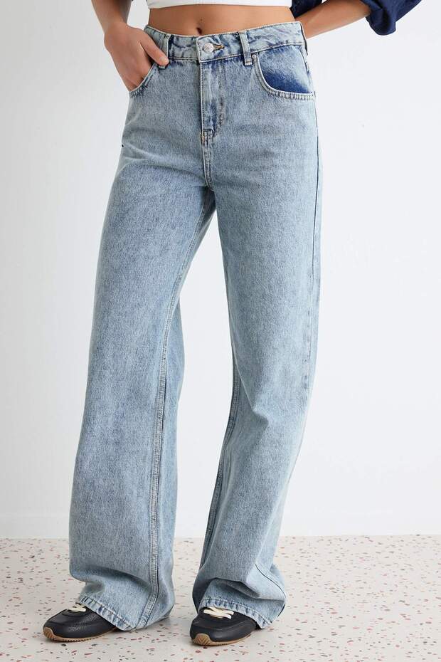 Açık Mavi Yüksek Bel Wide Leg Geniş Paça %100 Pamuk Non-Stretch Jeans TWOAW24JE00074 - 3