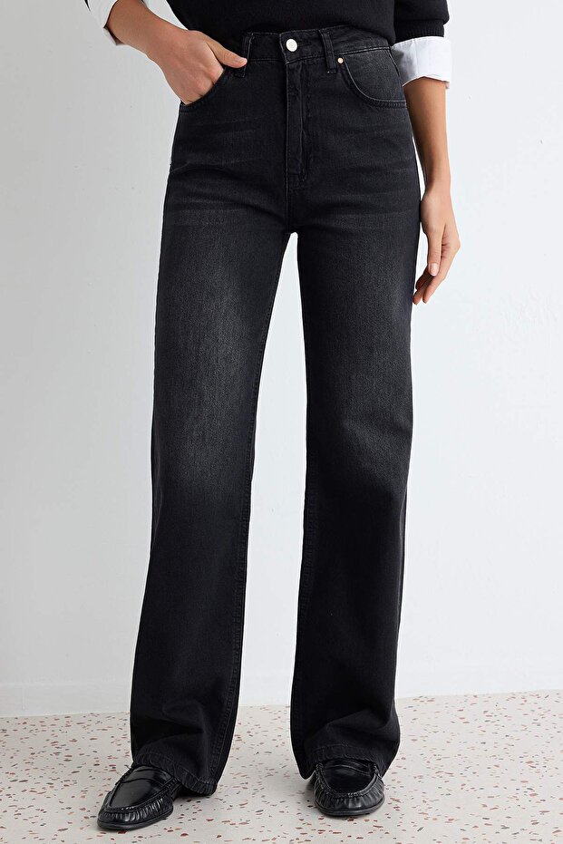 Siyah Yüksek Bel Wide Leg Geniş Paça %100 Pamuk Non-Stretch Jeans TWOSS25JE00060 - 3