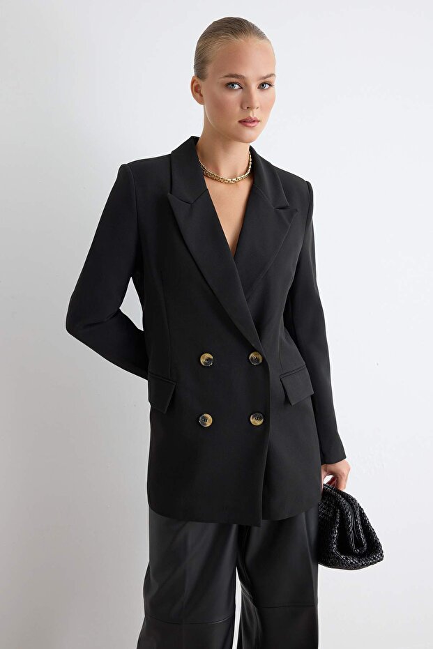 Siyah Oversize Astarlı Kruvaze Kapama Dokuma Blazer Ceket TWOAW21CE0145 - 1