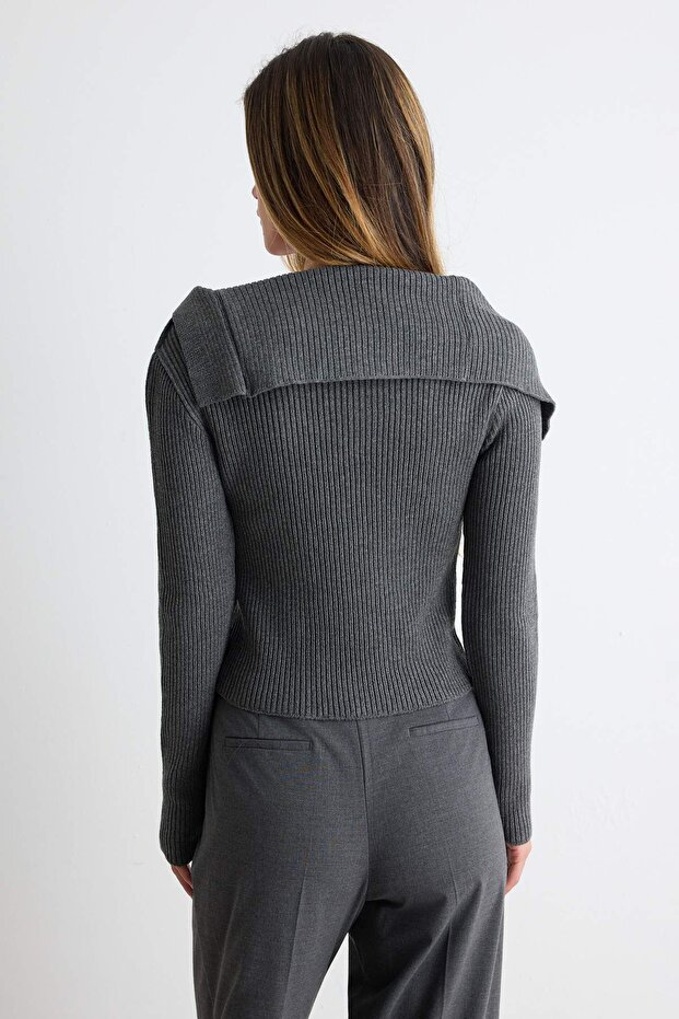 Antrasit Merserize Görünümlü Premium İplik/Özel İplik Fitted/Vücudu Saran Triko Hırka TWOAW25HI00254 - 4