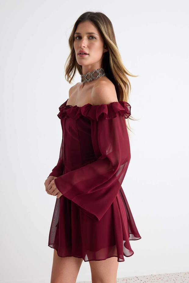 Bordo A-Kesim Düğün/Nikah Şık Abiye Uçuş Uçuş Mezuniyet Elbisesi TPRSS23EL00096 - 2