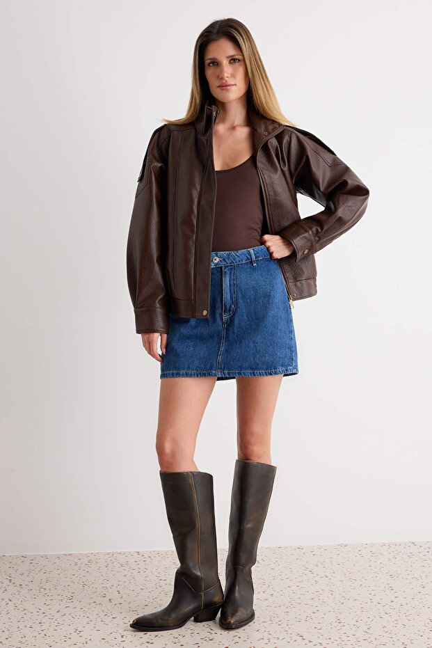 Koyu Mavi More Sustainable Yüksek Bel Mini Denim Şort Etek TWOSS25SR00079 - 1