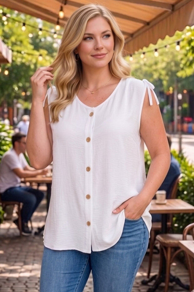 Women's Plus Size Sleeveless Button Detail Aerobin Fabric Blouse