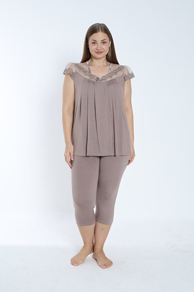 Women's Plus Size Viscose Elastane Fabric Short Sleeve Capri Set / Brown - 14545-B
