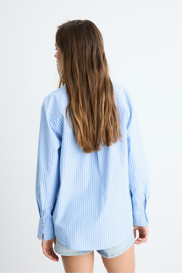 Basic çizgili poplin cepli gömlek - 5