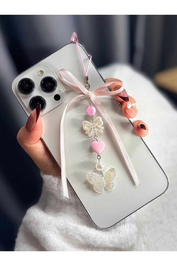 Pink Heart & Butterfly Phone Charm | Bow Detailed Phone Strap | Bag Ornament • Keychain