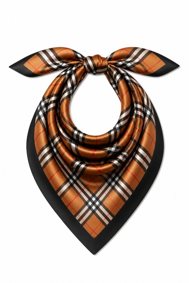 Women's Orange Plaid Patterned Satin Scarf - Luxury Textured Neck Scarf - Bag Accessory 48cm