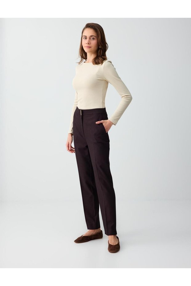 Plum Narrow Leg Regular Waist Metal Detailed Woven Trousers