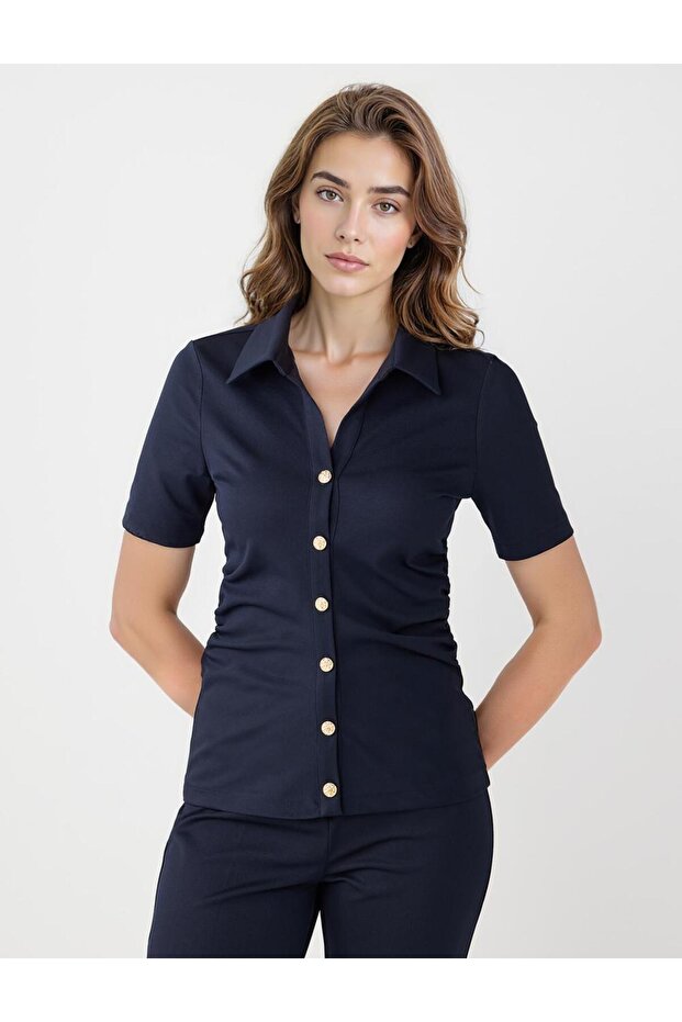 Navy Blue Short Sleeve Shirt Collar Slim Fit Knitted Blouse