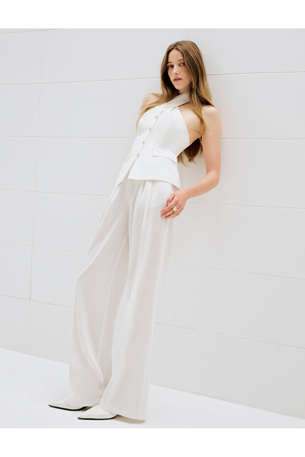 Elastic Waist Pocket Linen Blend High Waist Wide Leg Pants