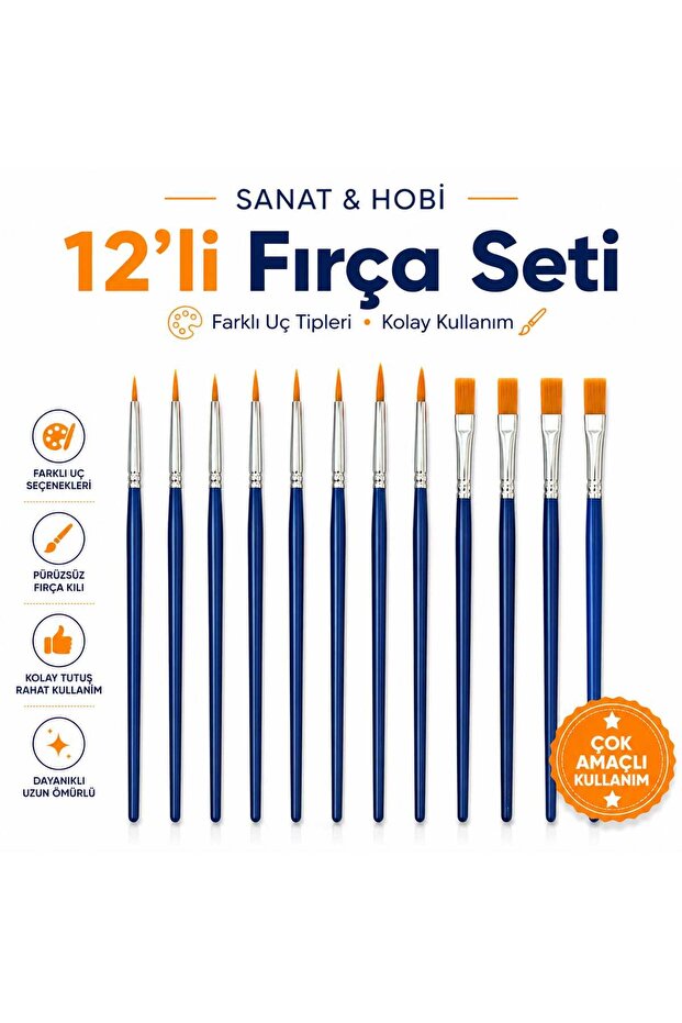kendinyaphobi 12 Li Fırça Akrilik Yağlı Boya Yassı - Ince Kısa -ince Uzun Uçlu Fırça