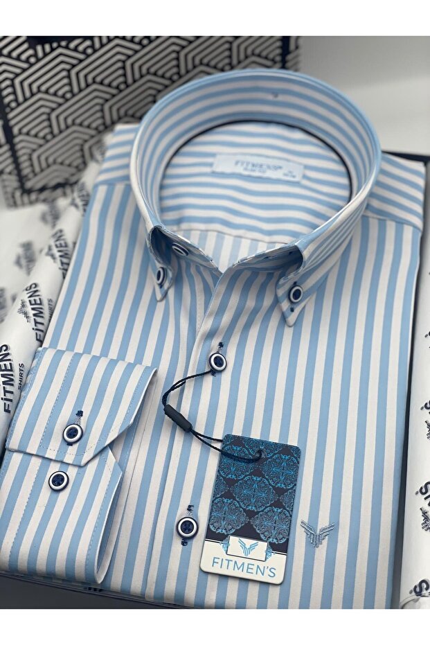 Slim Fit Long Sleeve Lycra Striped Collar Buttoned Gift Boxed Men's Shirt Fs-003669 - Light Blue